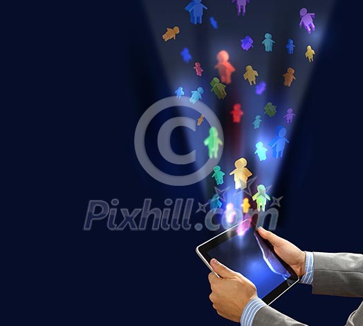 Image of businessman's hand holding pad with 3d illustration