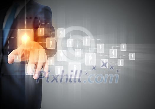 Image of male touching virtual icon of social network Image of male touching virtual icon of social network