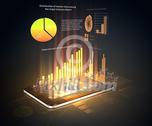 The Pad and three-dimensional graphics on black background . illustration The Pad and three-dimensional graphics on black background . illustration