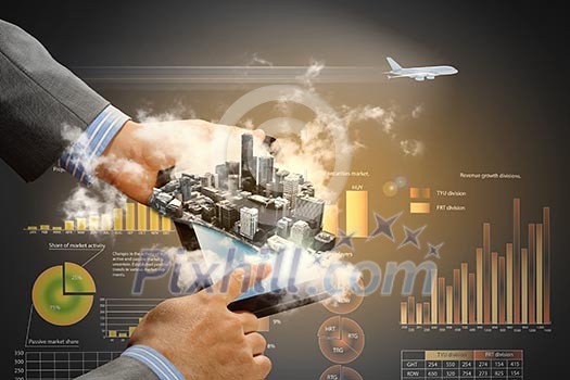 Image of businessman hands touching pad with virtual illustration against diagram background