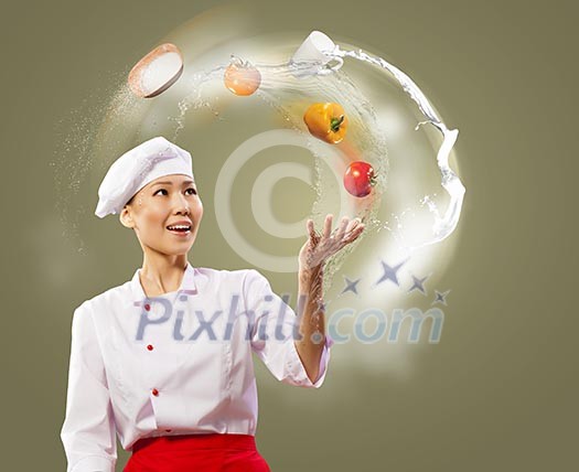 juggler female asian cook against color background juggler female asian cook against color background