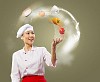 juggler female asian cook against color background