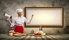 Asian female cook holding megaphone with space for text