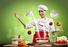 Asian female cooking with magic against color background