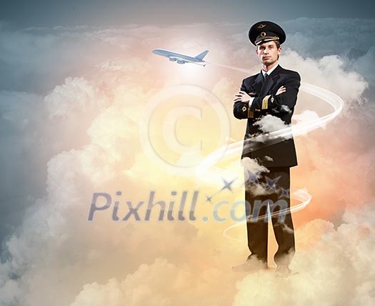 Image of male pilot with airplane flying around him