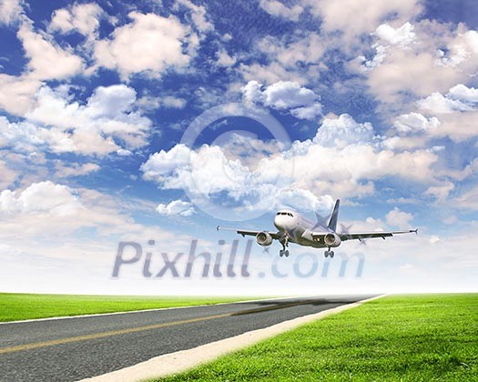 Image of a white passenger plane and blue sky with clouds