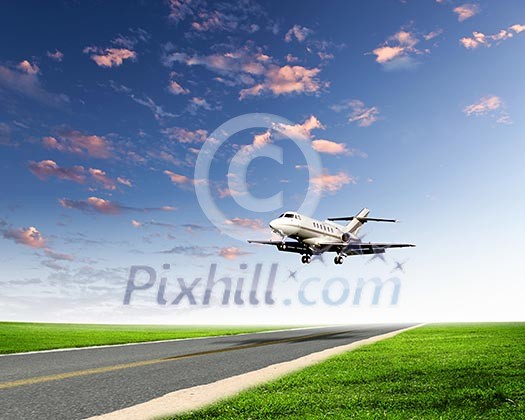 Image of airplane in blue cloudy sky Image of airplane in blue cloudy sky