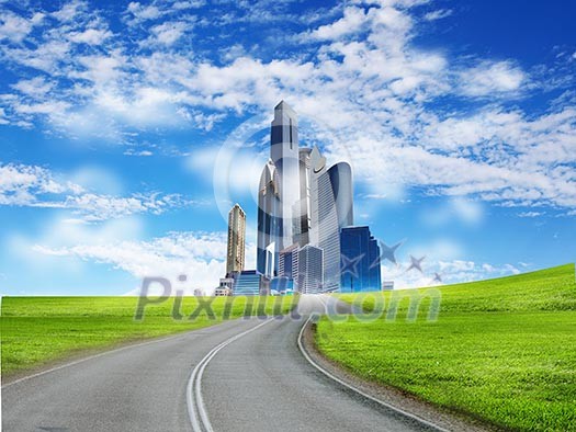 Image of a modern city surrounded by nature landscape Image of a modern city surrounded by nature landscape