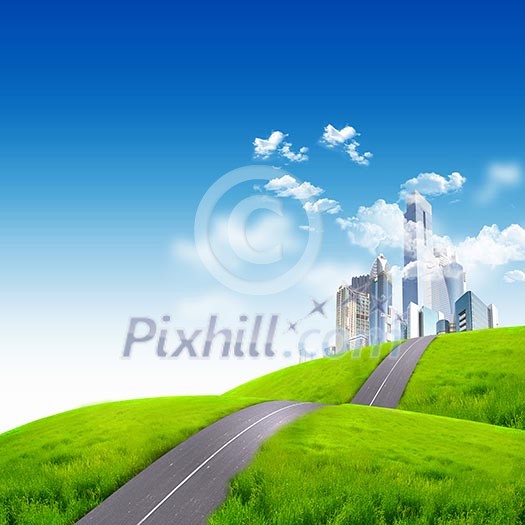 Image of a modern city surrounded by nature landscape Image of a modern city surrounded by nature landscape