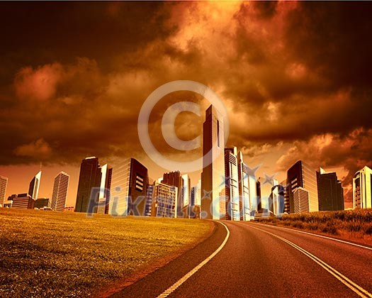 Image of a modern city and road leading to it Image of a modern city and road leading to it