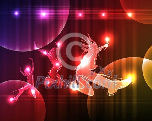 Colour illustration of a disco or night club dancer silhouettes