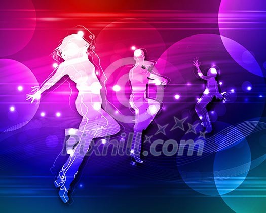 Colour illustration of a disco or night club dancer silhouettes