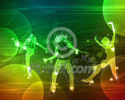 Colour illustration of a disco or night club dancer silhouettes