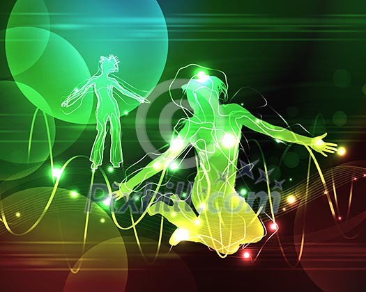 Colour illustration of a disco or night club dancer silhouettes