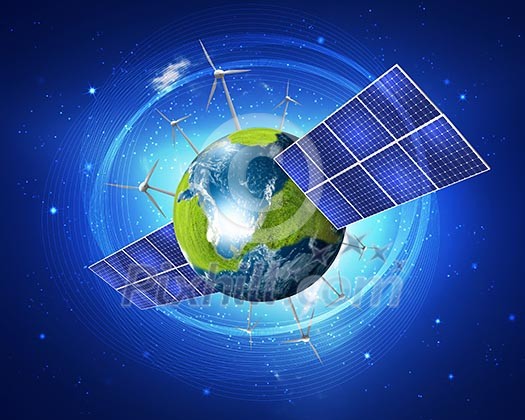 Green planet earth with solar energy batteries installed on it Green planet earth with solar energy batteries installed on it