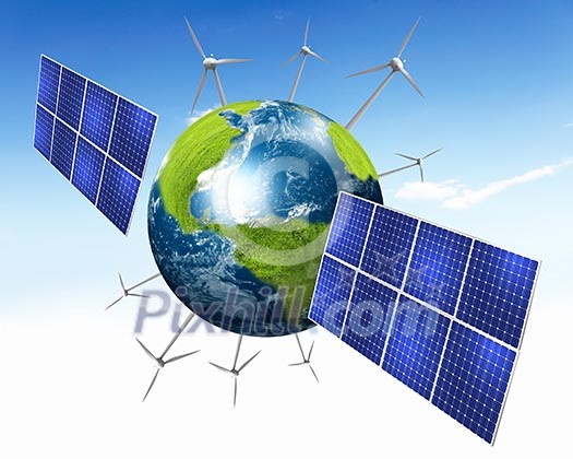 Green planet earth with solar energy batteries installed on it Green planet earth with solar energy batteries installed on it