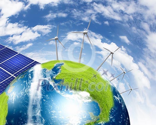 Green planet earth with solar energy batteries installed on it Green planet earth with solar energy batteries installed on it