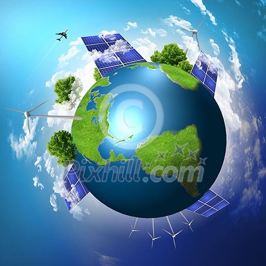 Green planet earth with solar energy batteries installed on it
