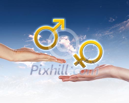 Collage with gender symbols against blue  sky