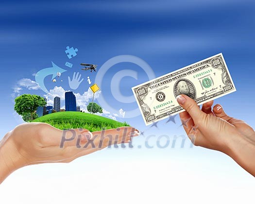 Collage with human hands and house against blue sky Collage with human hands and house against blue sky