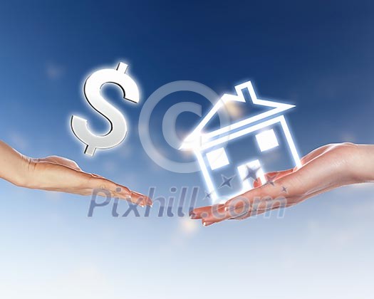 Collage with human hands and house against blue sky Collage with human hands and house against blue sky