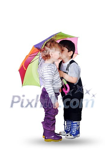 little boy and little girl together under the umbrella of color. On a white background.