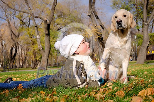 Boy playing in autumn park with a golden retriever.