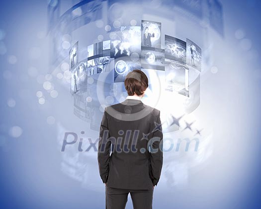 business person with virtual digital screens all around business person with virtual digital screens all around