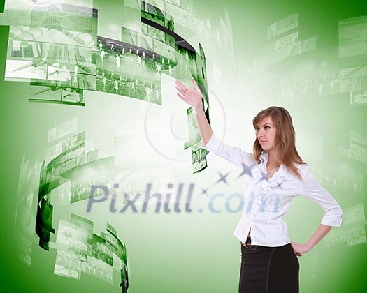 business person with virtual digital screens all around business person with virtual digital screens all around