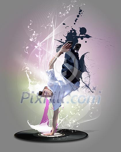 Street dancer in a white shirt on an abstract background. collage