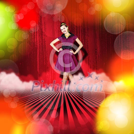 Dancer in the retro style, 50s on a bright color background.collage
