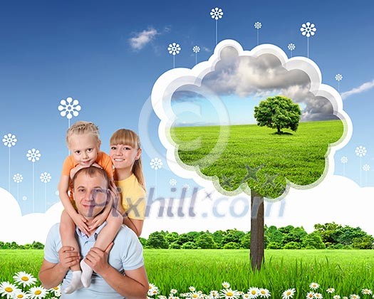 happy family spends time together on nature . Collage.