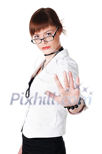 charming brunette business woman in a white jacket with black beads charming brunette business woman in a white jacket with black beads