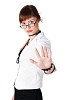 charming brunette business woman in a white jacket with black beads