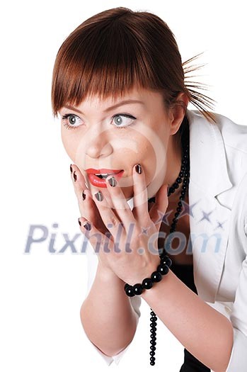 charming brunette business woman in a white jacket with black beads charming brunette business woman in a white jacket with black beads