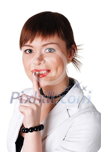 charming brunette business woman in a white jacket with black beads charming brunette business woman in a white jacket with black beads