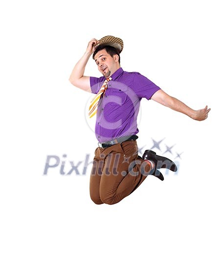 jumping young happy man in bright colour wear with funny expression jumping young happy man in bright colour wear with funny expression