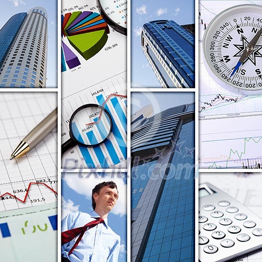 Collage of financial and business charts and graphs