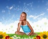 Collage with little smiling girl on green grass