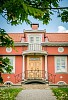 Front door on a red stone house