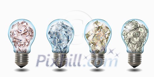 light bulb with money banknotes inside it