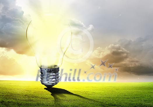 Image of light bulb against nature background. Ecological concept