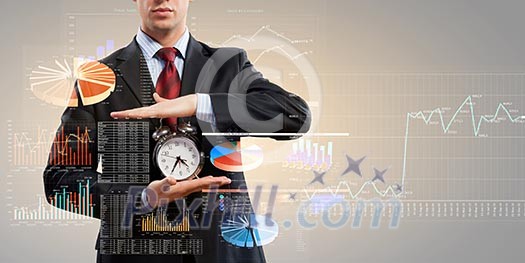 Image of businessman holding alarmclock against illustration background. Collage