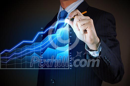 Closeup image of businessman drawing 3d graphics