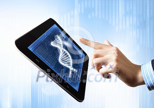 DNA helix abstract background on the tablet screen. Illustration