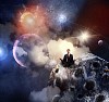 Businessman sitting in lotus flower position against space background