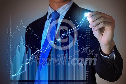 Closeup image of businessman drawing 3d graphics
