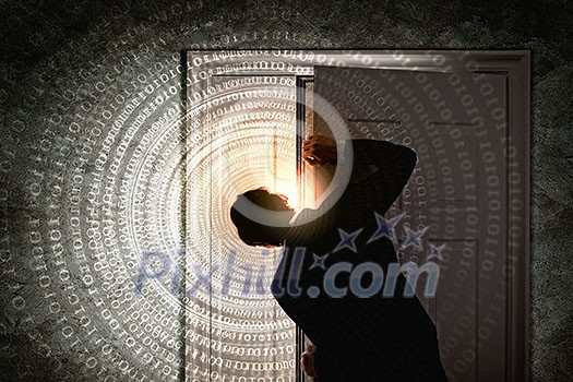 Image of young businessman standing with back opening door Image of young businessman standing with back opening door
