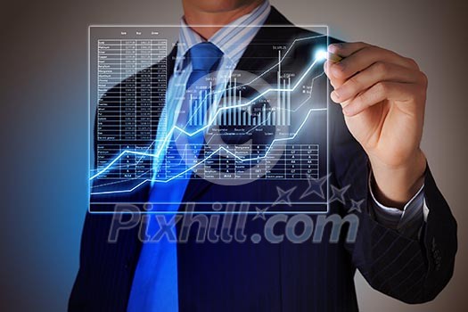 Closeup image of businessman drawing 3d graphics Closeup image of businessman drawing 3d graphics