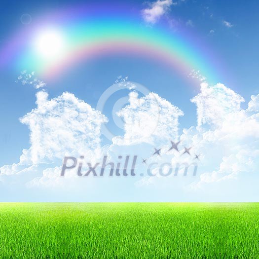 Picture of a house from white clouds against blue sky Picture of a house from white clouds against blue sky